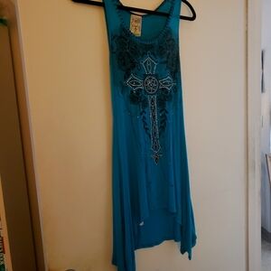 Vocal Blue High Low Dress /Tunic Top with Black Embellishments